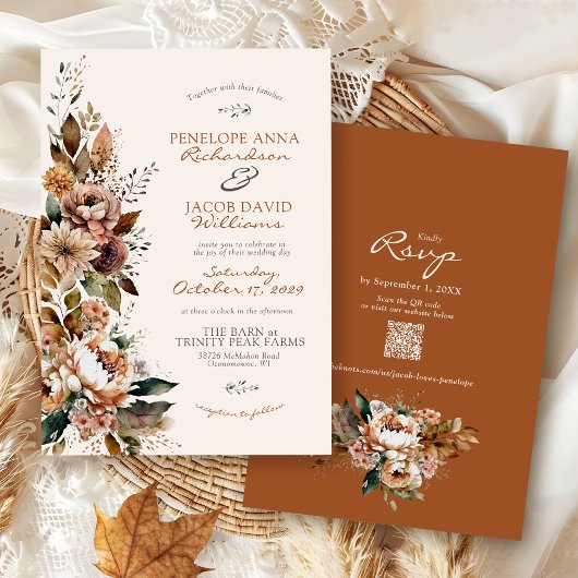 Elegant Fall Floral Terracotta Boho Autumn Wedding 招待状
