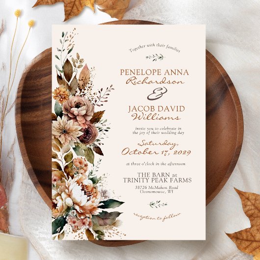 Elegant Fall Floral Terracotta Boho Autumn Wedding 招待状