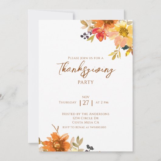 Elegant Fall Floral Thanksgiving Party  招待状 (正面)