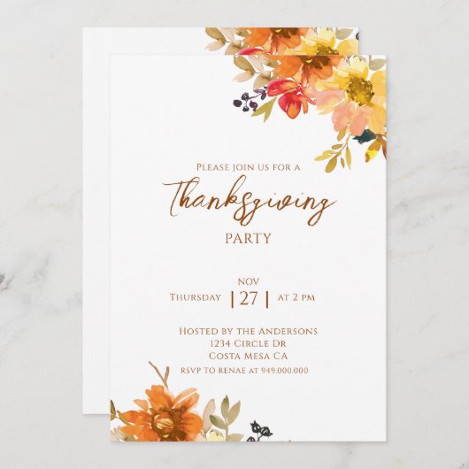 Elegant Fall Floral Thanksgiving Party  招待状 (正面/裏面)