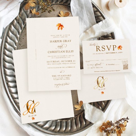 Elegant Fall Leaves Autumn Rustic Ribbon Wedding 招待状