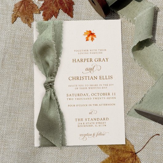 Elegant Fall Leaves Autumn Rustic Ribbon Wedding 招待状