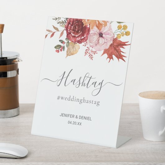 Elegant Fall Leaves Autumn Wedding Hashtag Sign 台座サイン (インサイチュ)
