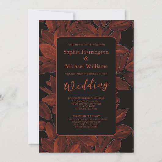 Elegant Fall Leaves Autumn Wedding Invite QR Code 招待状 (正面)