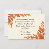 Elegant Fall Leaves & Copper Script Rustic Wedding サンキューカード (裏面)
