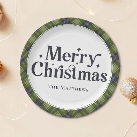Elegant Family Merry Christmas Party Classic Plaid ペーパープレート