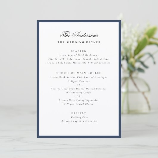 Elegant Family Name Blue Frame Wedding Dinner メニュー (スタンド正面)