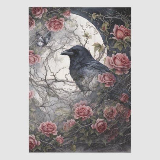 Elegant Fantasy Moon, Raven & Pink Rose Decoupage 薄葉紙 (正面)