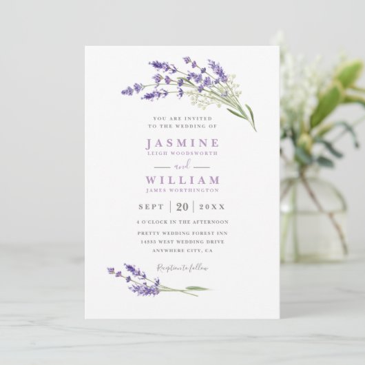 Elegant Farmhouse Lavender Rustic QR Code Wedding 招待状 (スタンド正面)