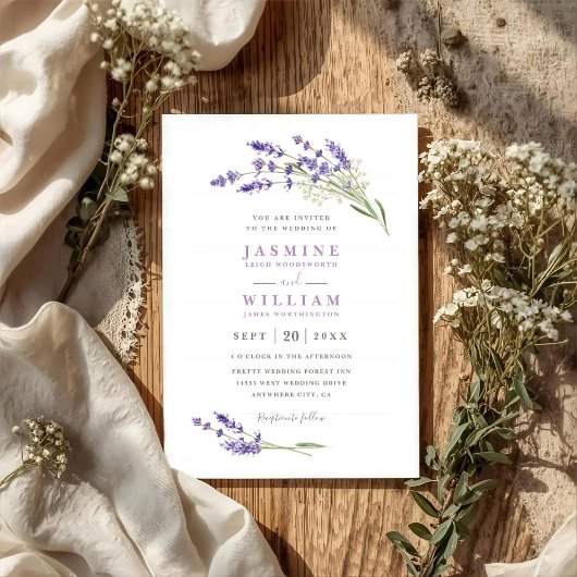 Elegant Farmhouse Lavender Rustic QR Code Wedding 招待状