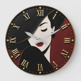 Elegant Fashion Lady Art Deco Black Gold Portrait ラージ壁時計