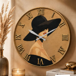 Elegant Fashion Woman  Black Hat  ラージ壁時計