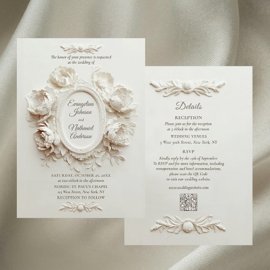 Elegant Faux Embossed Peonies Formal Wedding  招待状