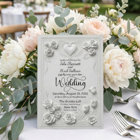 Elegant Faux Embossed White Floral Heart Wedding 招待状