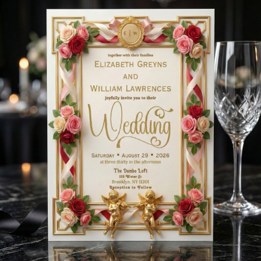 Elegant Faux Gold Foil Blush Floral Monogram 招待状