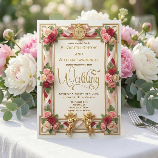 Elegant Faux Gold Foil Blush Floral Monogram 招待状