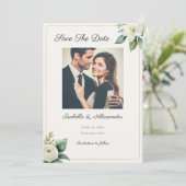 Elegant Faux Gold Frame White Floral Custom Photo セーブザデート (スタンド正面)