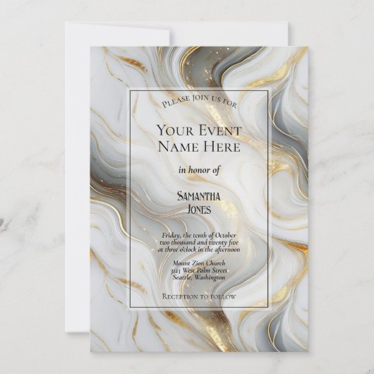 Elegant Faux Gold, Grey and White Marbled Event 招待状 (正面)