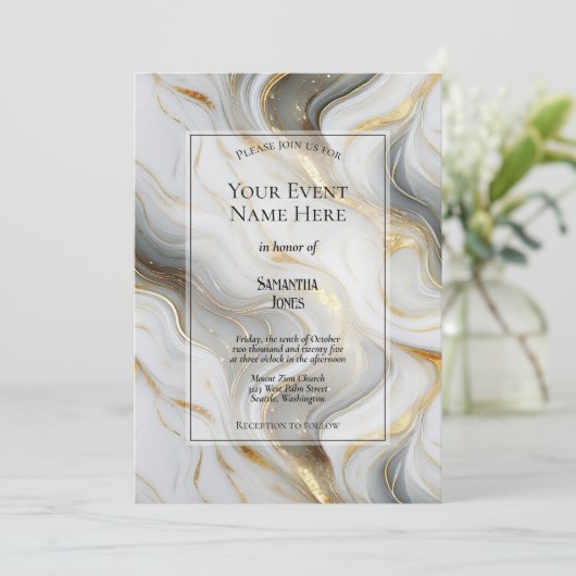 Elegant Faux Gold, Grey and White Marbled Event 招待状 (スタンド正面)