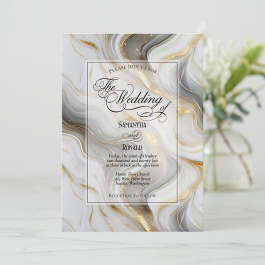 Elegant Faux Gold, Grey and White Marbled Wedding 招待状 (スタンド正面)