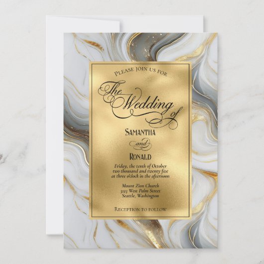 Elegant Faux Gold, Grey and White Marbled Wedding 招待状 (正面)