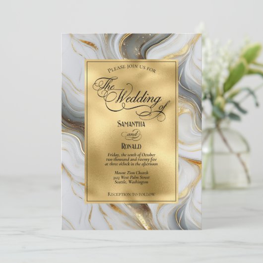 Elegant Faux Gold, Grey and White Marbled Wedding 招待状 (スタンド正面)