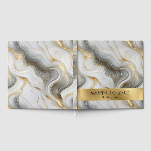 Elegant Faux Gold Grey White Marbled Wedding ゲストブック (全面)