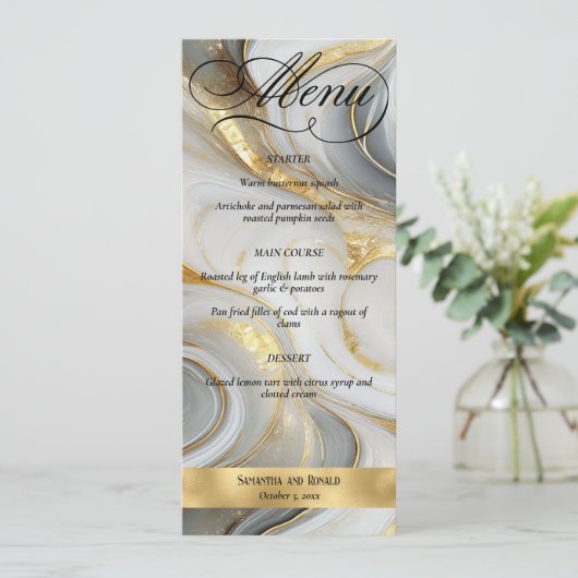 Elegant Faux Gold Grey White Marbled Wedding Menu 招待状 (スタンド正面)
