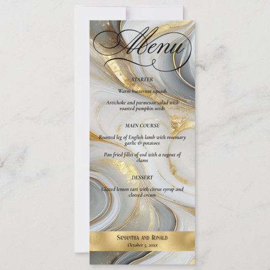 Elegant Faux Gold Grey White Marbled Wedding Menu 招待状 (正面)