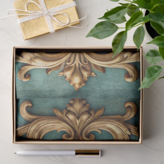 Elegant Faux Gold Teal Decoupage  薄葉紙 (ギフト)