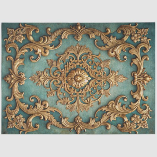 Elegant Faux Gold Teal Decoupage  薄葉紙 (正面)