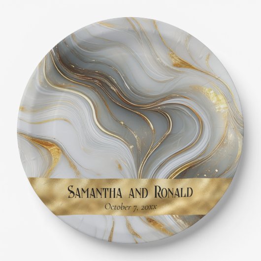 Elegant Faux Gold, White & Grey Marbled Wedding  ペーパープレート (正面)