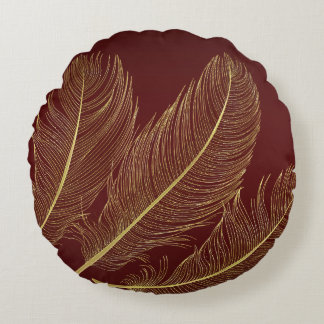 Elegant Feather Art In Rich Burgundy Luxury Tones ラウンドクッション