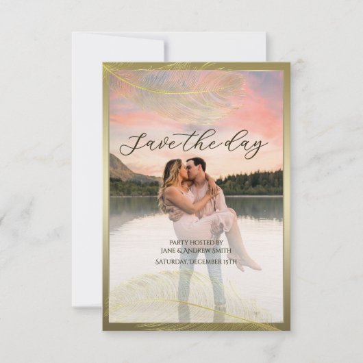 Elegant Feather Save The Date Photo Card セーブザデート (正面)