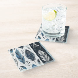 Elegant Feather Symphony in Blue & Silver ガラスコースター