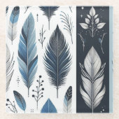 Elegant Feather Symphony in Blue & Silver ガラスコースター (正面)