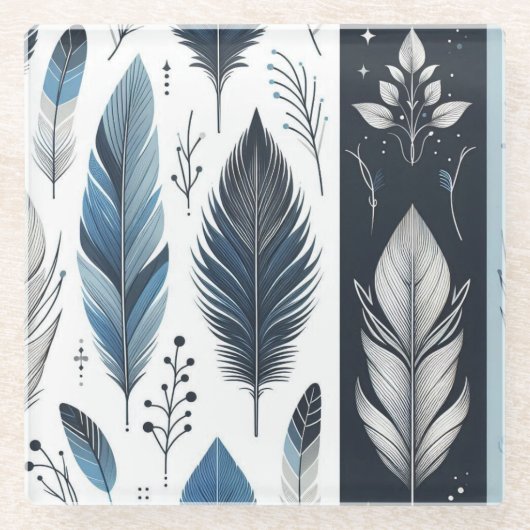 Elegant Feather Symphony in Blue & Silver ガラスコースター (正面)