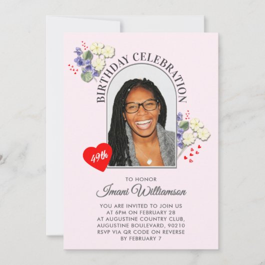 Elegant FEBRUARY Floral ANY AGE Photo Birthday 招待状 (正面)