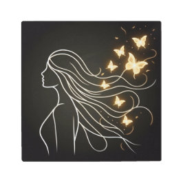 Elegant Female Silhouette with Gold Butterflies メタルプリント