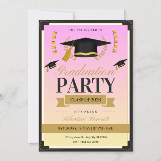 Elegant feminine Cap graduation invitation  招待状 (正面)