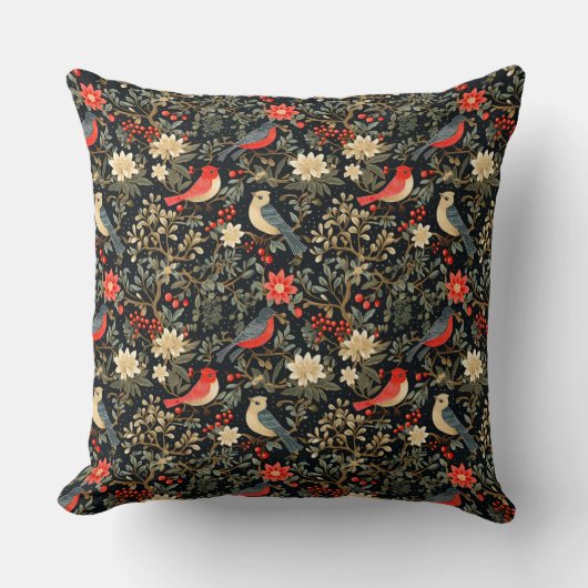 Elegant Festive Birds & Floral Christmas Red  クッション (正面)
