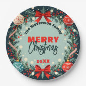Elegant Festive Christmas Holiday Ornament Wreath ペーパープレート (正面)