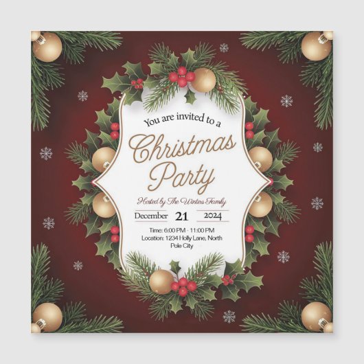 Elegant Festive Christmas Party Invitation マグネット招待状 (正面)