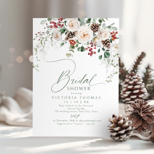 Elegant Festive Floral Holiday bridal shower 招待状