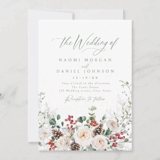Elegant Festive Floral Holiday Winter Wedding 招待状 (正面)