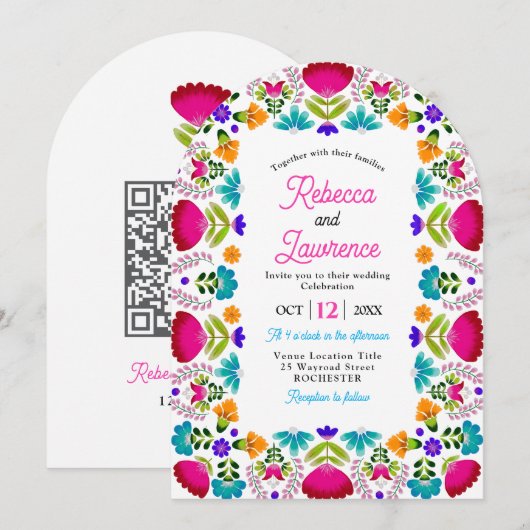 Elegant fiesta wedding white qr code arched 招待状 (正面/裏面)