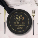 Elegant Fifty and Fabulous! 50th Birthday Party ペーパープレート<br><div class="desc">Celebrate a half-century of style with these sophisticated "Fifty & Fabulous" birthday party paper plates. Featuring a striking high-contrast design, these plates pair a deep black background with a shimmering faux gold foil script that exudes elegance and luxury. This template is fully customizable, allowing you to easily update the name...</div>