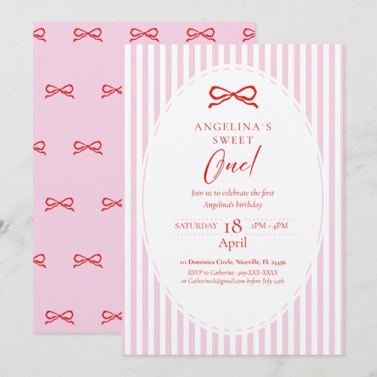 Elegant First Birthday Invitation. 招待状 (正面/裏面)