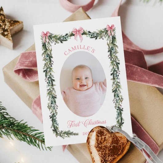 Elegant First Christmas Baby Girl Photo Card カード