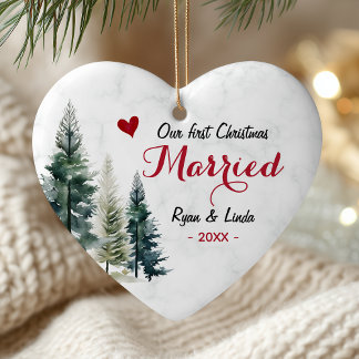 Elegant first Christmas Married heart shaped セラミックオーナメント